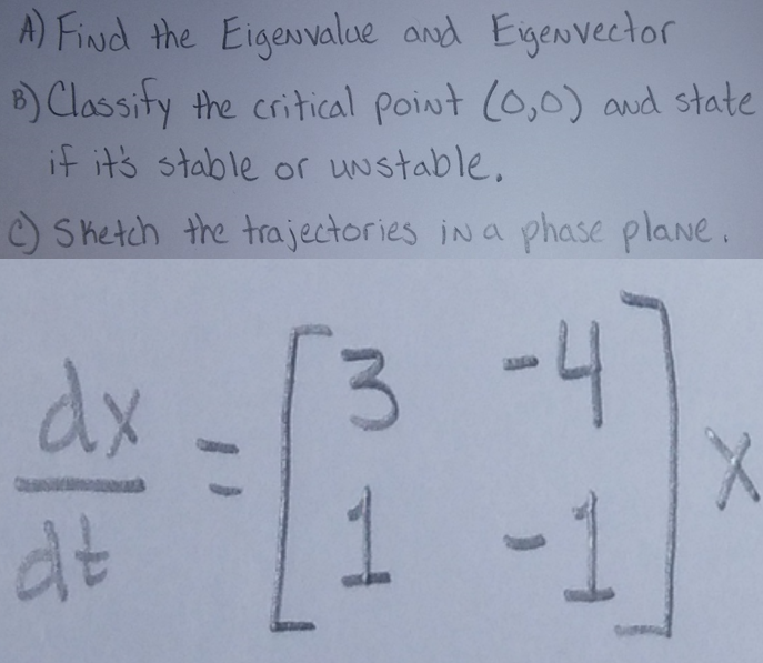A) Find the Eigenvalue and Eigenvector
B) Classify the critical point (0,0) and state
if it's stable or unstable.
c) Sketch the trajectories in a phase plane.
dx
3
-4
X
dt
1
-1