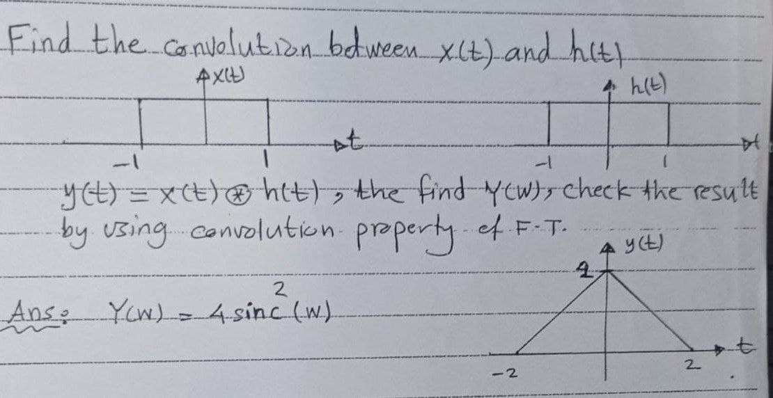 Find the convolution between x(t) and hitt
AX(
4 h(t)
st
1
y(t) = x (t) htt), the find Yew), check the result
by using convolution property. ef.F.T.
2
Ans: YOW) = 4 sinc (w).
<-2
4 y(t)
2
#