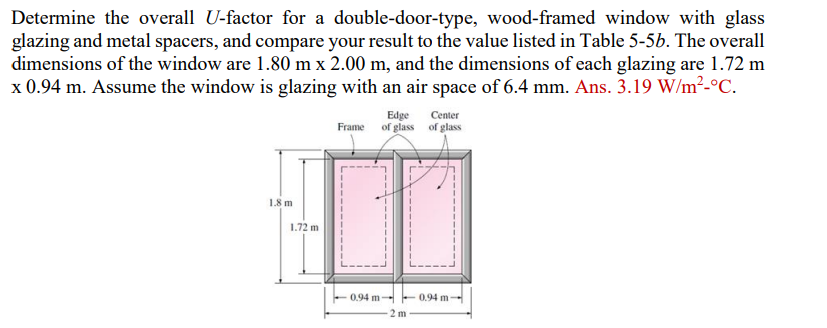 Determine the overall U-factor for a double-door-type, wood-framed window with glass
glazing and metal spacers, and compare your result to the value listed in Table 5-56. The overall
dimensions of the window are 1.80 m x 2.00 m, and the dimensions of each glazing are 1.72 m
x 0.94 m. Assume the window is glazing with an air space of 6.4 mm. Ans. 3.19 W/m²-°C.
1.8 m
1.72 m
Frame
0.94 m
Edge
of glass
2m
Center
of glass
0.94 m-