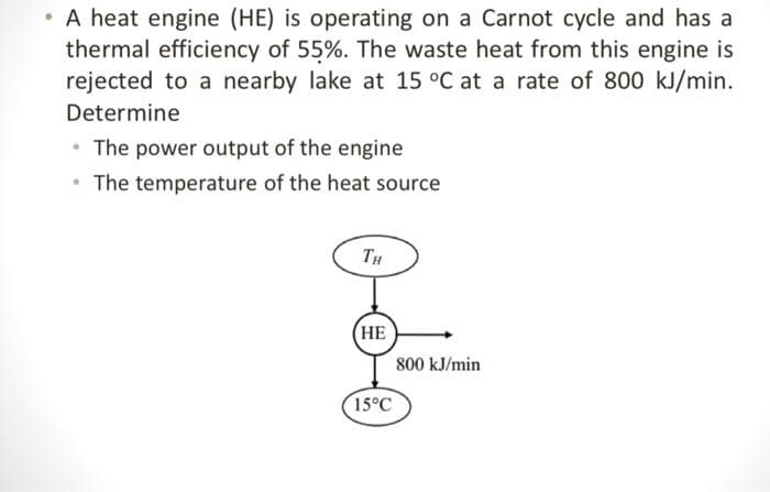 • A heat engine (HE) is operating on a Carnot cycle and has a
thermal efficiency of 55%. The waste heat from this engine is
rejected to a nearby lake at 15 °C at a rate of 800 kJ/min.
Determine
• The power output of the engine
• The temperature of the heat source
TH
HE
15°C
800 kJ/min