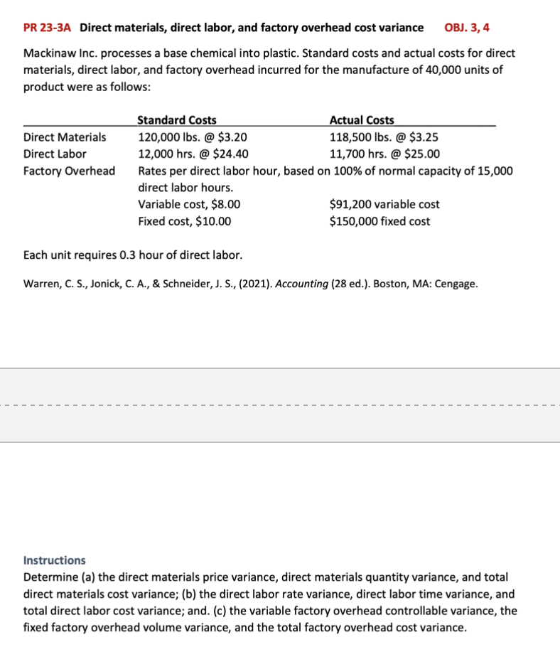 OBJ. 3,4
PR 23-3A Direct materials, direct labor, and factory overhead cost variance
Mackinaw Inc. processes a base chemical into plastic. Standard costs and actual costs for direct
materials, direct labor, and factory overhead incurred for the manufacture of 40,000 units of
product were as follows:
Direct Materials
Direct Labor
Factory Overhead
Standard Costs
120,000 lbs. @ $3.20
12,000 hrs. @ $24.40
Actual Costs
118,500 lbs. @ $3.25
11,700 hrs. @ $25.00
Rates per direct labor hour, based on 100% of normal capacity of 15,000
direct labor hours.
Variable cost, $8.00
Fixed cost, $10.00
$91,200 variable cost
$150,000 fixed cost
Each unit requires 0.3 hour of direct labor.
Warren, C. S., Jonick, C. A., & Schneider, J. S., (2021). Accounting (28 ed.). Boston, MA: Cengage.
Instructions
Determine (a) the direct materials price variance, direct materials quantity variance, and total
direct materials cost variance; (b) the direct labor rate variance, direct labor time variance, and
total direct labor cost variance; and. (c) the variable factory overhead controllable variance, the
fixed factory overhead volume variance, and the total factory overhead cost variance.