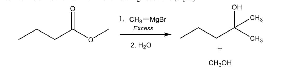 ОН
1. сНз—MgBr
.CH3
Excess
`CH3
2. H20
+
CH3OH
