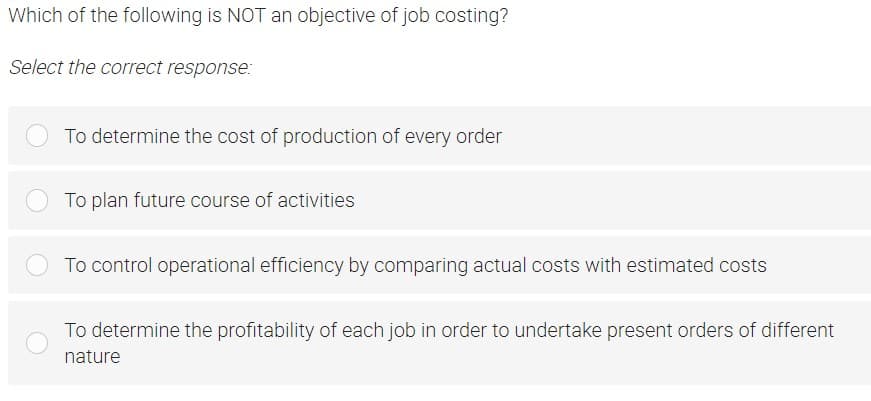 Which of the following is NOT an objective of job costing?
Select the correct response:
To determine the cost of production of every order
To plan future course of activities
To control operational efficiency by comparing actual costs with estimated costs
To determine the profitability of each job in order to undertake present orders of different
nature