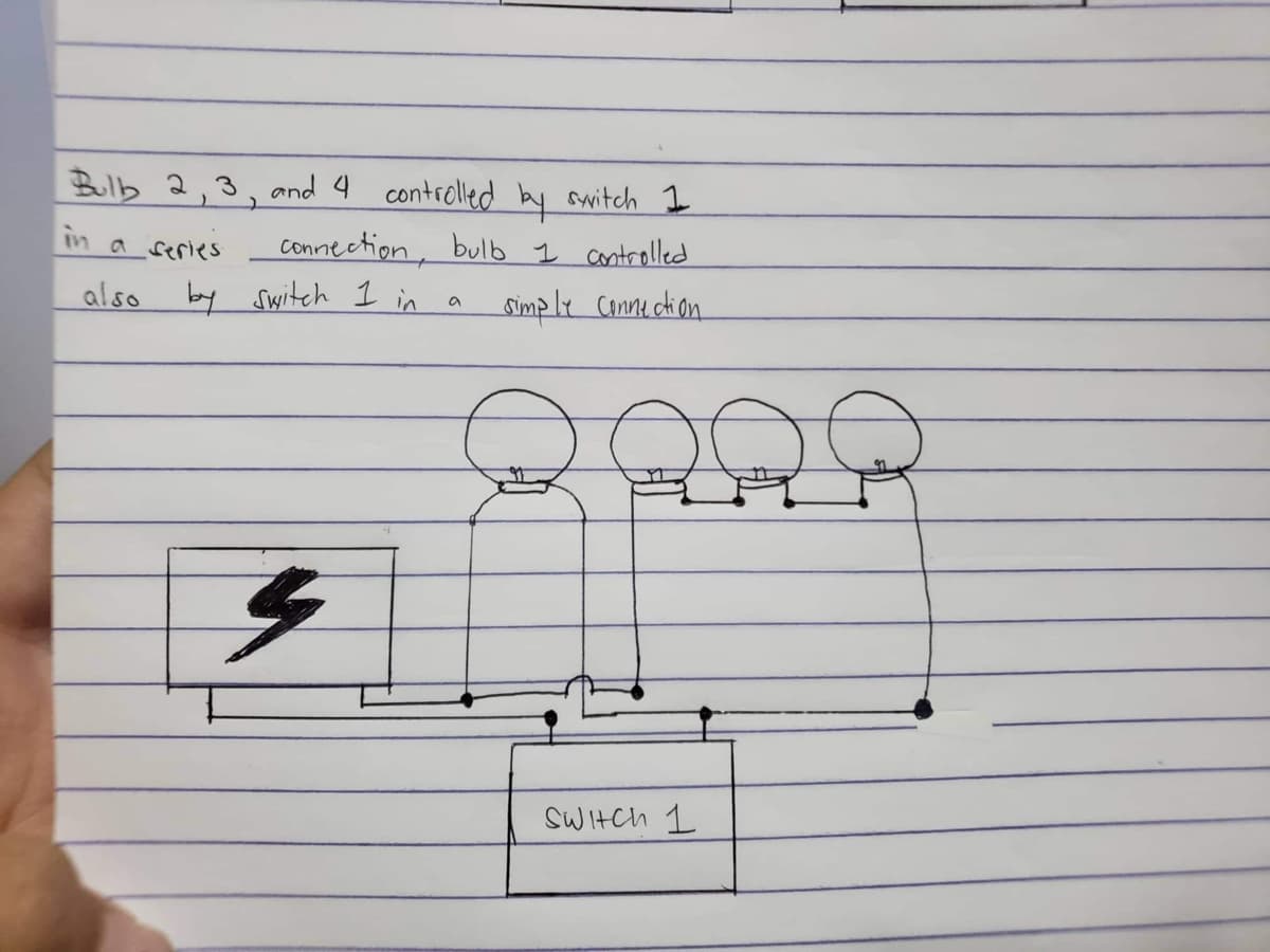 Bulb 2, 3, and 4 controlled by switch 1
in a series.
connection, bulb 1 controlled
also
simple Connection
Switch 1
by switch 1 in
4
