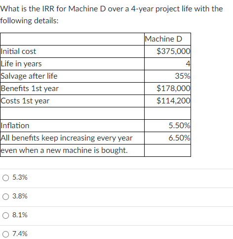 What is the IRR for Machine D over a 4-year project life with the
following details:
Machine D
$375,000
Initial cost
Life in years
41
Salvage after life
35%
Benefits 1st year
$178,000
Costs 1st year
$114,200
Inflation
5.50%
All benefits keep increasing every year
6.50%
even when a new machine is bought.
5.3%
3.8%
8.1%
O 7.4%