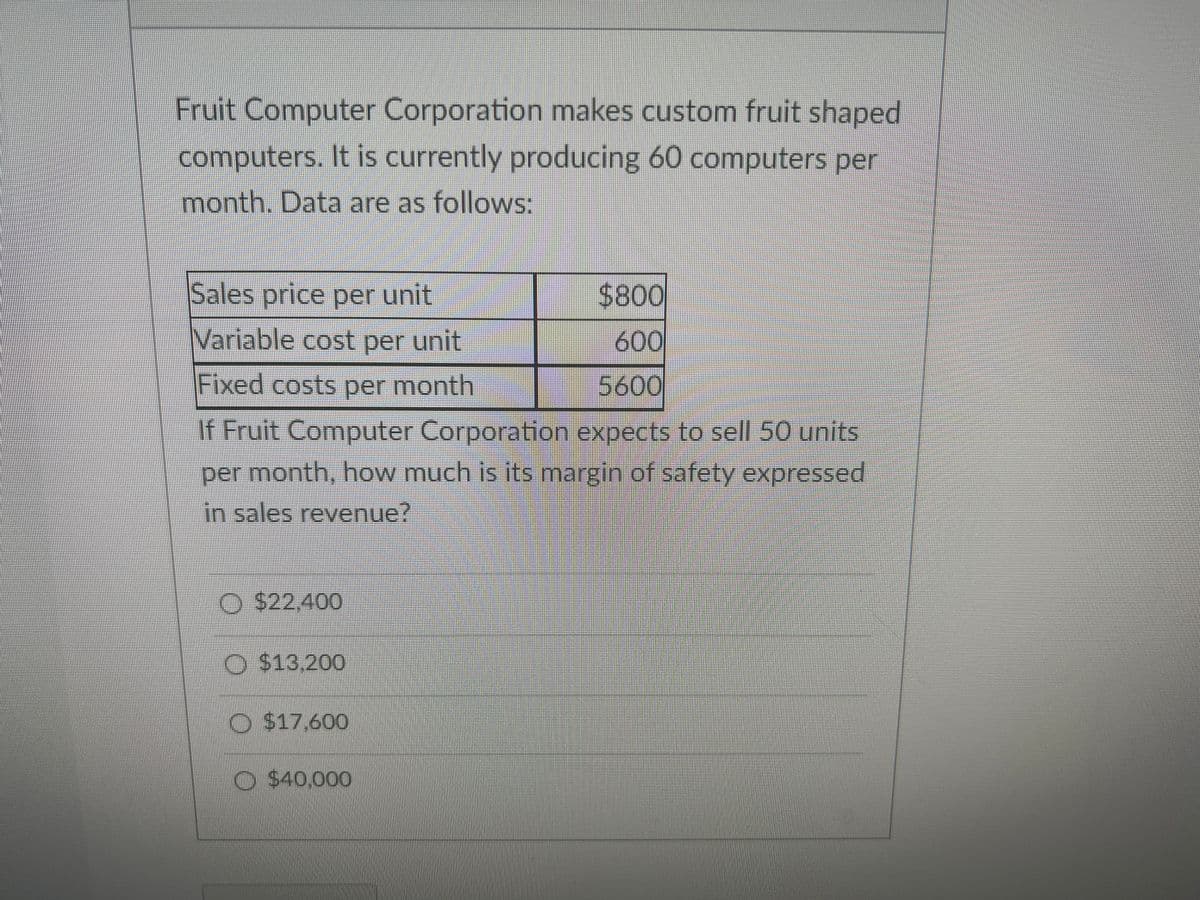 Fruit Computer Corporation makes custom fruit shaped
computers. It is currently producing 60 computers per
month. Data are as follows:
Sales price per unit
$800
Variable cost per unit
600
Fixed costs per month
5600
If Fruit Computer Corporation expects to sell 50 units
per month, how much is its margin of safety expressed
in sales revenue?
O $22,400
O $13,200
O $17,600
O $40,000

