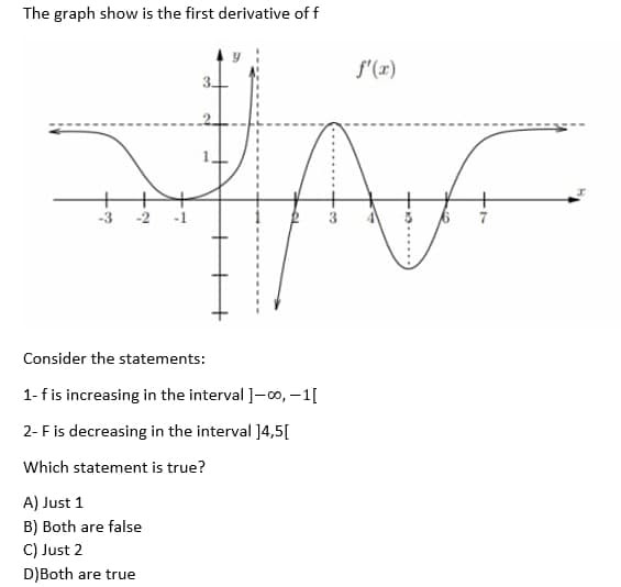 The graph show is the first derivative of f
f'(x)
-3
3
Consider the statements:
1-fis increasing in the interval ]-00, –1[
2- Fis decreasing in the interval 14,5[
Which statement is true?
A) Just 1
B) Both are false
C) Just 2
D)Both are true
