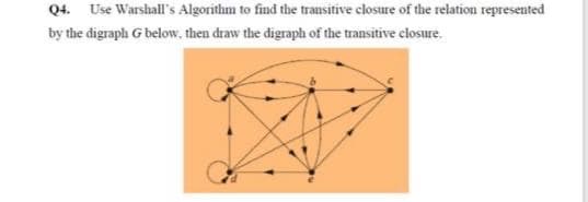 Q4. Use Warshall's Algorithm to find the transitive closure of the relation represented
by the digraph G below, then draw the digraph of the transitive closure.
