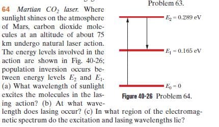 Problem 63.
64 Martian CO, laser. Where
sunlight shines on the atmosphere
E = 0.289 eV
of Mars, carbon dioxide mole-
cules at an altitude of about 75
km undergo natural laser action.
The energy levels involved in the
action are shown in Fig. 40-26;
population inversion occurs be-
tween energy levels E, and E.
(a) What wavelength of sunlight
E = 0.165 ev
E =0
excites the molecules in the las-
Figure 40-26 Problem 64.
ing action? (b) At what wave-
length does lasing occur? (c) In what region of the electromag-
netic spectrum do the excitation and lasing wavelengths lie?
