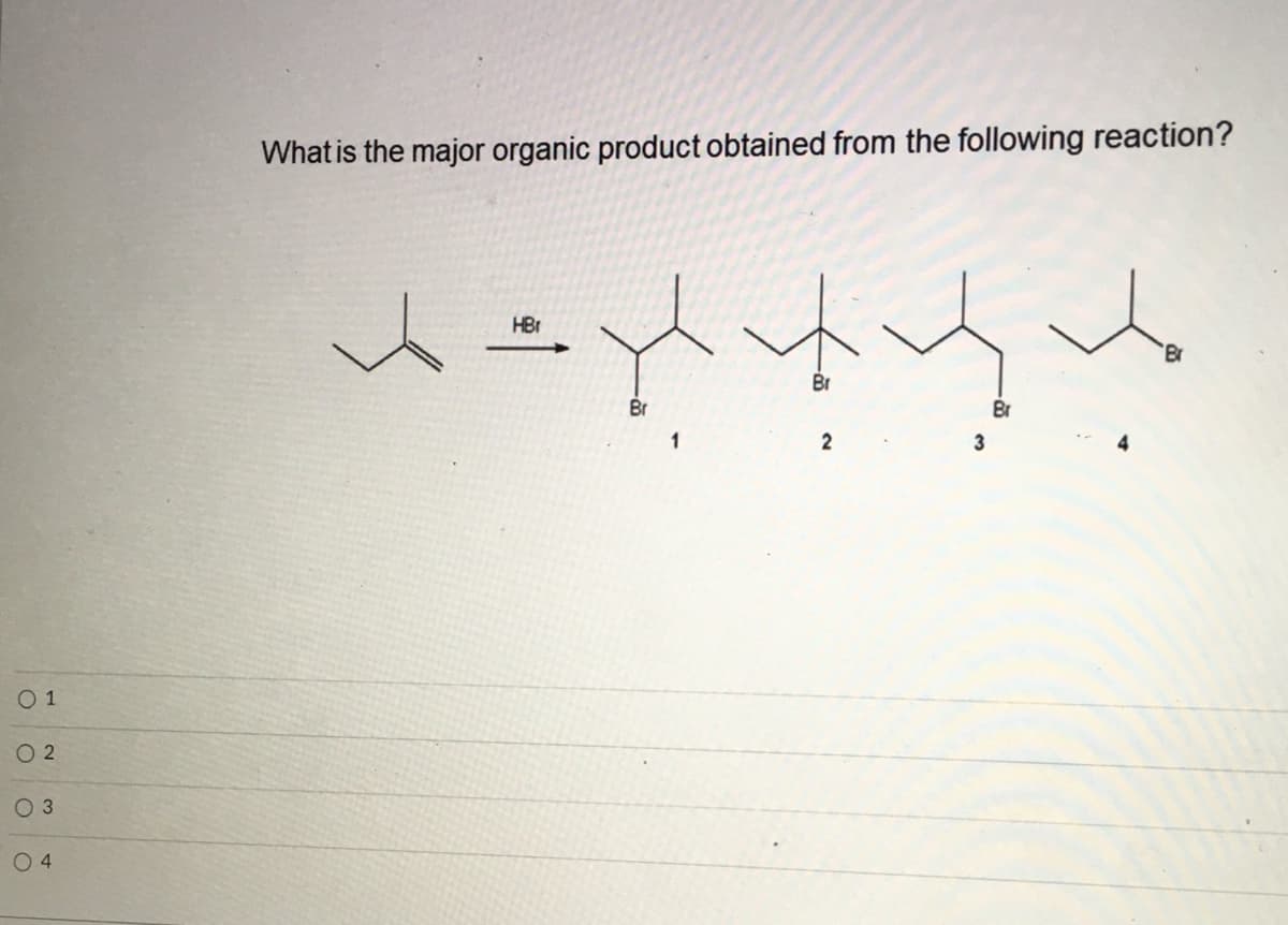 What is the major organic product obtained from the following reaction?
HBr
Br
Br
Br
1
3
O 1
O 2
O 3
O 4
