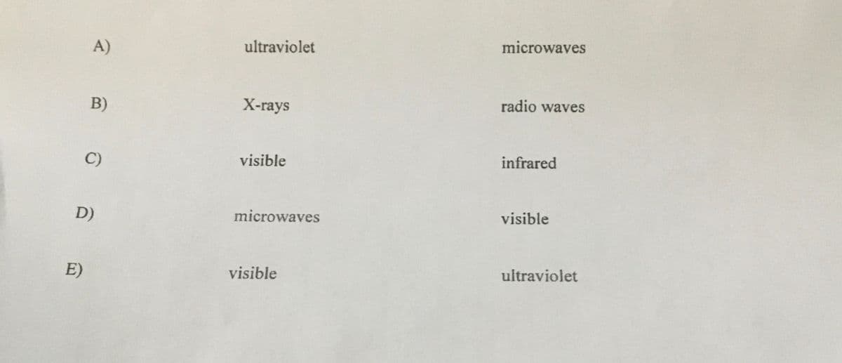 A)
ultraviolet
microwaves
B)
Х-гays
radio waves
C)
visible
infrared
D)
microwaves
visible
E)
visible
uitraviolet
