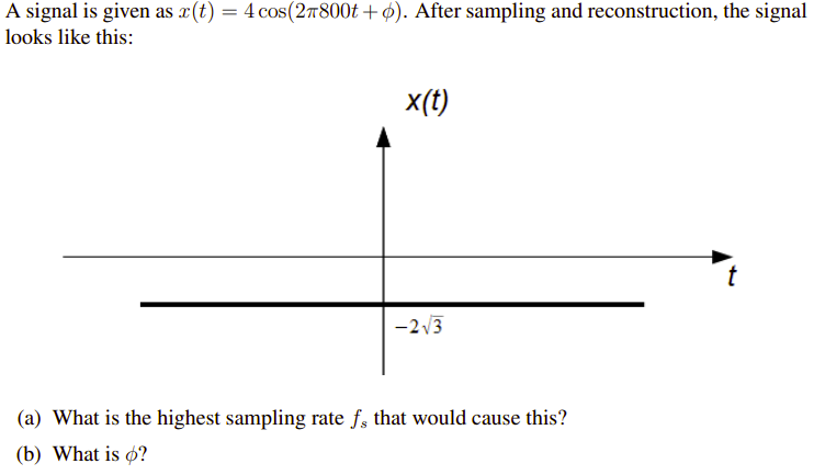 A signal is given as r(t) = 4 cos(27800t + p). After sampling and reconstruction, the signal
looks like this:
x(t)
-2√3
(a) What is the highest sampling rate fs that would cause this?
(b) What is o?
