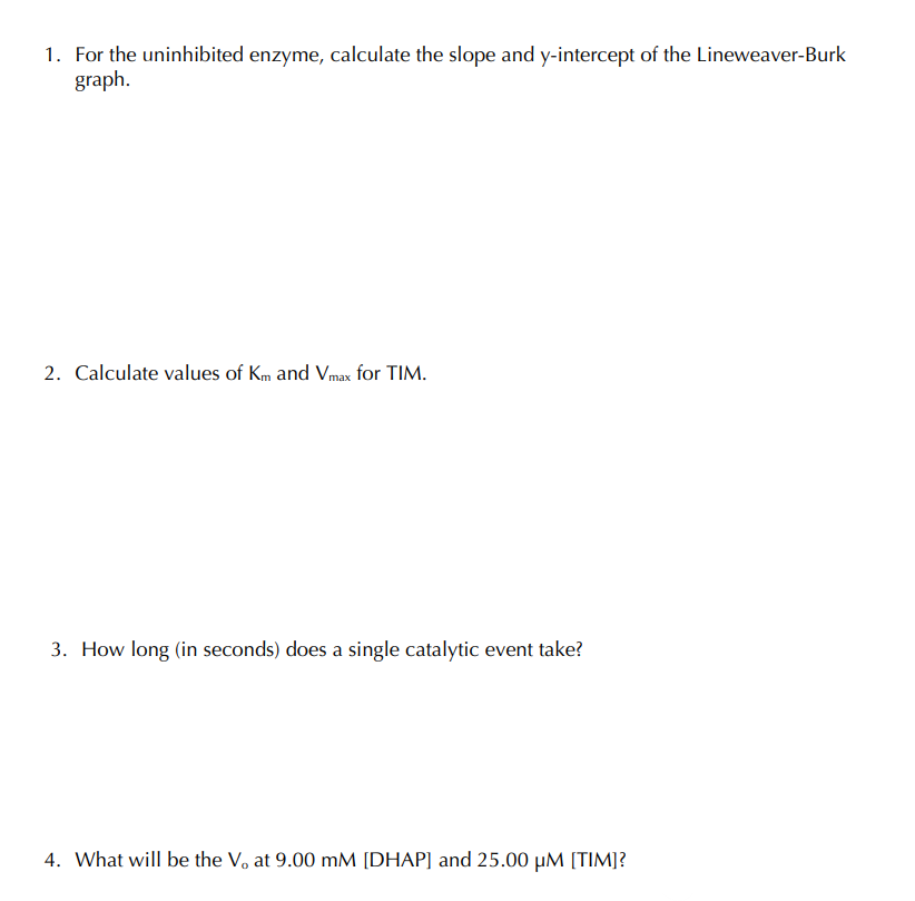 1. For the uninhibited enzyme, calculate the slope and y-intercept of the Lineweaver-Burk
graph.
2. Calculate values of Km and Vmax for TIM.
3. How long (in seconds) does a single catalytic event take?
4. What will be the V, at 9.00 mM [DHAP] and 25.00 µM [TIM]?