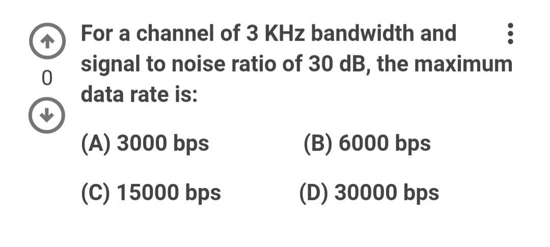 For a channel of 3 KHz bandwidth and
:
signal to noise ratio of 30 dB, the maximum
data rate is:
(A) 3000 bps
(B) 6000 bps
(C) 15000 bps
(D) 30000 bps