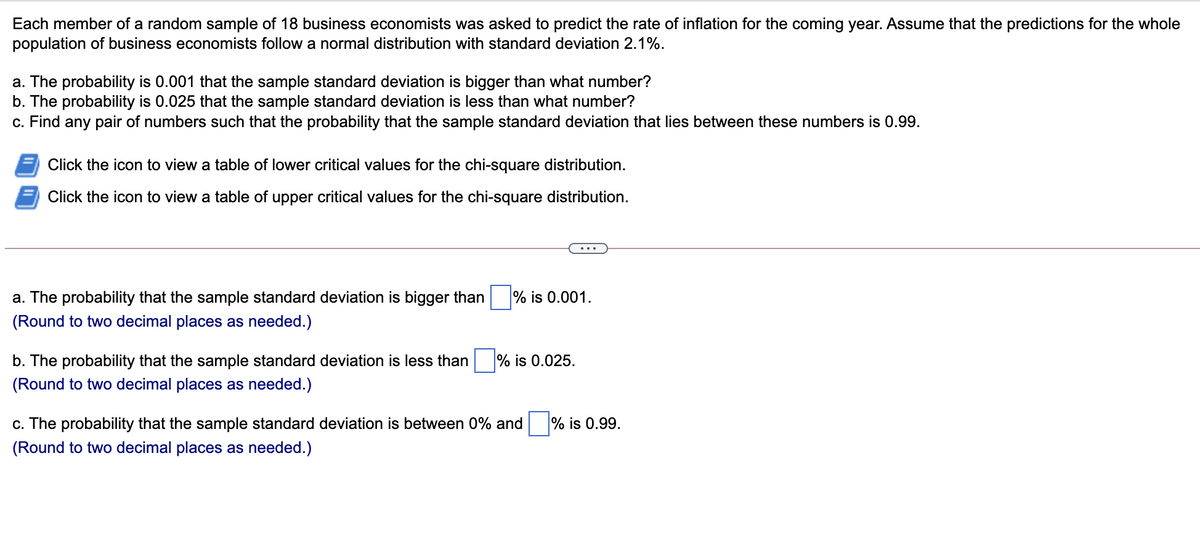 Each member of a random sample of 18 business economists was asked to predict the rate of inflation for the coming year. Assume that the predictions for the whole
population of business economists follow a normal distribution with standard deviation 2.1%.
a. The probability is 0.001 that the sample standard deviation is bigger than what number?
b. The probability is 0.025 that the sample standard deviation is less than what number?
c. Find any pair of numbers such that the probability that the sample standard deviation that lies between these numbers is 0.99.
Click the icon to view a table of lower critical values for the chi-square distribution.
Click the icon to view a table of upper critical values for the chi-square distribution.
...
a. The probability that the sample standard deviation is bigger than
% is 0.001.
(Round to two decimal places as needed.)
b. The probability that the sample standard deviation is less than % is 0.025.
(Round to two decimal places as needed.)
c. The probability that the sample standard deviation is between 0% and
% is 0.99.
(Round to two decimal places as needed.)

