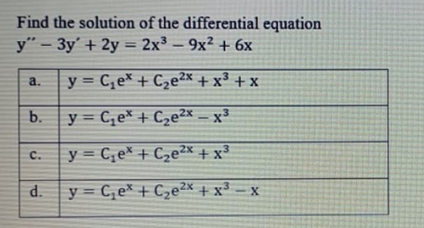 Find the solution of the differential equation
2x3 – 9x2 + 6x
y" – 3y' + 2y =
%3D
y = C,e* + C,e2* + x³ + x
a.
%3D
b.
y = C,ex + C,e2x
– x³.
y = C,e* + C,e²x + x³
с.
%3D
d.
y = C, e* + C2e2x + x³ – x
%3D
