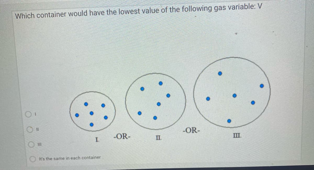 Which container would have the lowest value of the following gas variable: V
II
-OR-
L.
-OR-
II.
III.
II
It's the same in each container
