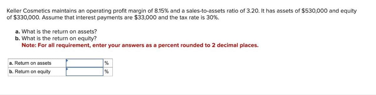 Keller Cosmetics maintains an operating profit margin of 8.15% and a sales-to-assets ratio of 3.20. It has assets of $530,000 and equity
of $330,000. Assume that interest payments are $33,000 and the tax rate is 30%.
a. What is the return on assets?
b. What is the return on equity?
Note: For all requirement, enter your answers as a percent rounded to 2 decimal places.
a. Return on assets
b. Return on equity
%
%