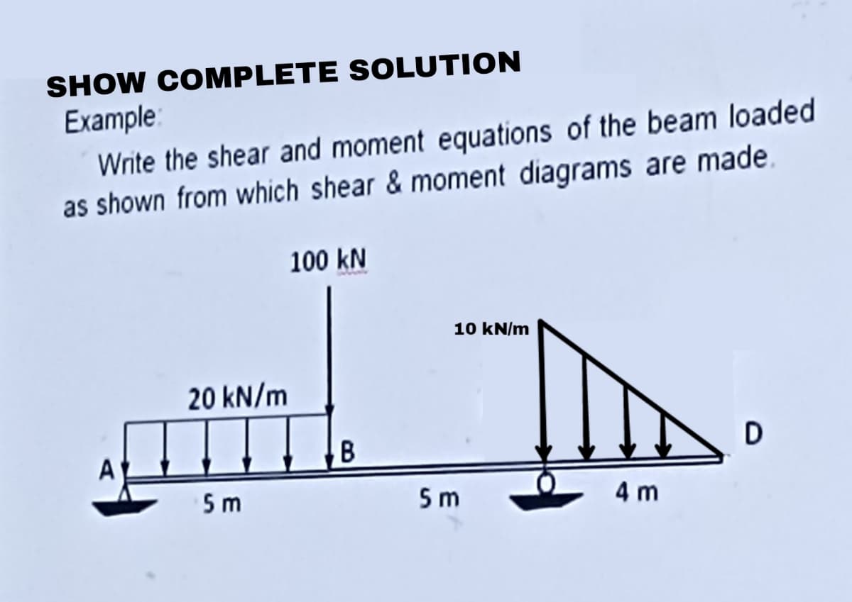 SHOW COMPLETE SOLUTION
Example:
Write the shear and moment equations of the beam loaded
as shown from which shear & moment diagrams are made.
20 kN/m
5m
100 kN
B
10 kN/m
T
4 m
5m
D