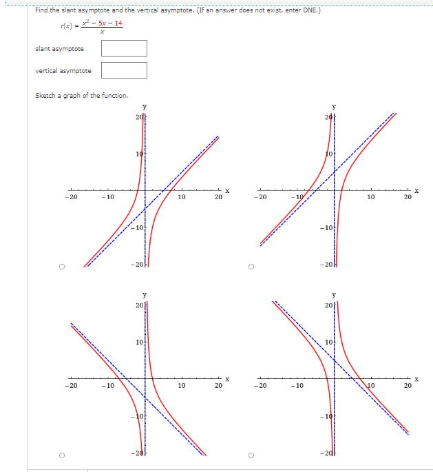 Find the slant asymptote and the vertical asymptote. (If an answer does not exist, enter DNE.)
r(x) = - 5x - 14
slant asymptote
vertical asymptote
Sketch a graph of the function.
y
y
10
- 20
- 10
10
20
- 20
-10
10
20
-10
10
-20-
- 20H
**
y
20
20
10
- 20
-10
10
20
- 20
-10
10
20
-10

