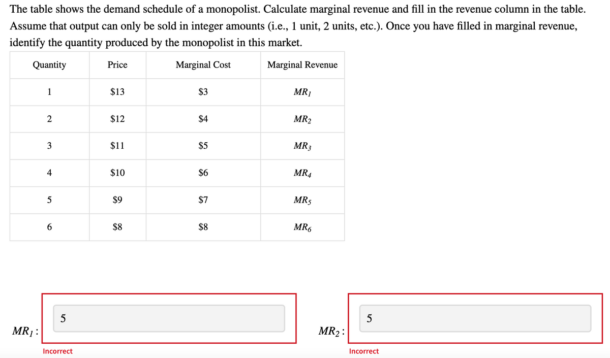 The table shows the demand schedule of a monopolist. Calculate marginal revenue and fill in the revenue column in the table.
Assume that output can only be sold in integer amounts (i.e., 1 unit, 2 units, etc.). Once you have filled in marginal revenue,
identify the quantity produced by the monopolist in this market.
Quantity
Price
Marginal Cost
Marginal Revenue
1
$13
$3
MR1
2
$12
$4
3
$11
$5
4
$10
$6
$9
$7
$8
$8
MR₁ :
5
6
5
Incorrect
MR₂
MR3
MR4
MR5
MR6
MR₂:
5
Incorrect