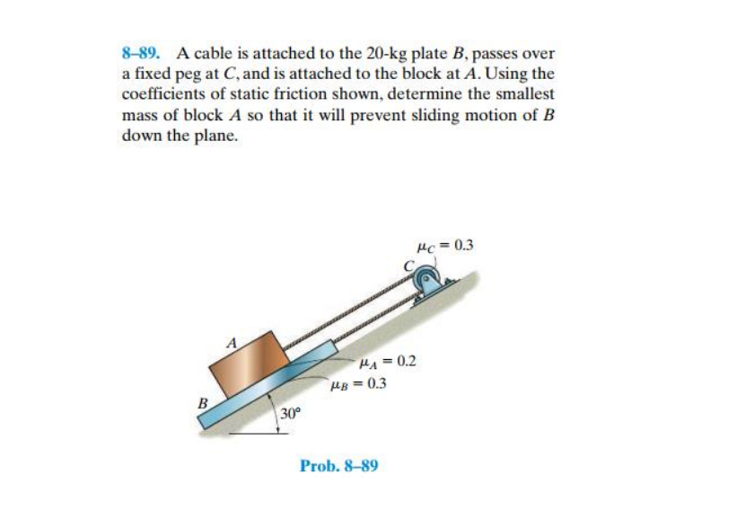 8-89. A cable is attached to the 20-kg plate B, passes over
a fixed peg at C, and is attached to the block at A. Using the
coefficients of static friction shown, determine the smallest
mass of block A so that it will prevent sliding motion of B
down the plane.
Hc = 0.3
A
PA = 0.2
HB = 0.3
B.
30°
Prob. 8-89
