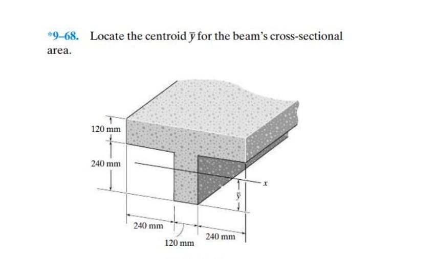 *9-68. Locate the centroid y for the beam's cross-sectional
area.
120 mm
240 mm
240 mm
240 mm
120 mm
