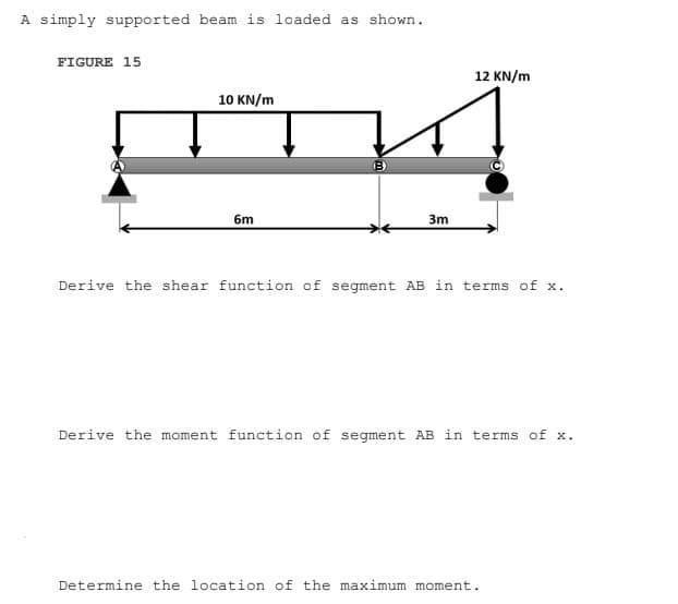 A simply supported beam is loaded as shown.
FIGURE 15
12 KN/m
10 KN/m
B)
6m
3m
Derive the shear function of segment AB in terms of x.
Derive the moment function of segment AB in terms of x.
Determine the location of the maximum moment.
