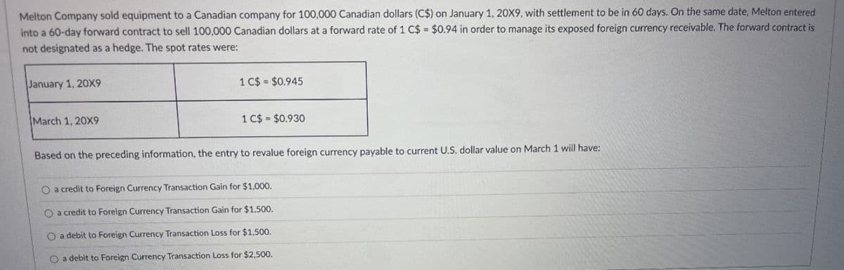 Melton Company sold equipment to a Canadian company for 100,000 Canadian dollars (C$) on January 1, 20X9, with settlement to be in 60 days. On the same date, Melton entered
into a 60-day forward contract to sell 100,000 Canadian dollars at a forward rate of 1 C$ = $0.94 in order to manage its exposed foreign currency receivable. The forward contract is
not designated as a hedge. The spot rates were:
January 1, 20X9
March 1, 20X9
1 C$=$0.945
1 C$=$0.930
Based on the preceding information, the entry to revalue foreign currency payable to current U.S. dollar value on March 1 will have:
O a credit to Foreign Currency Transaction Gain for $1,000.
O a credit to Foreign Currency Transaction Gain for $1,500.
O a debit to Foreign Currency Transaction Loss for $1,500.
O a debit to Foreign Currency Transaction Loss for $2,500.