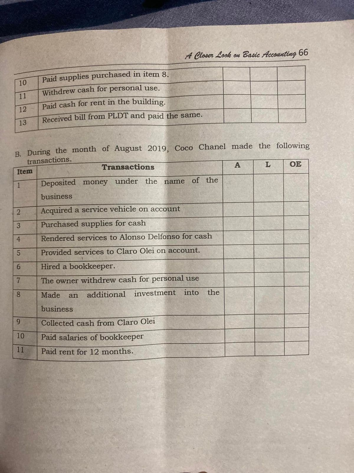 10
11
انه است
12
13
Item
B. During the month of August 2019, Coco Chanel made the following
transactions.
1
2
4
5
6
7
8
9
10
11
A Closer Look on Basic Accounting 66
Paid supplies purchased in item 8.
Withdrew cash for personal use.
Paid cash for rent in the building.
Received bill from PLDT and paid the same.
Transactions
Deposited money under the name
business
Acquired a service vehicle on account
Purchased supplies for cash
Rendered services to Alonso Delfonso for cash
Provided services to Claro Olei on account.
Paid salaries of bookkeeper
Paid rent for 12 months.
of the
Hired a bookkeeper.
The owner withdrew cash for personal use
Made an additional investment into the
business
Collected cash from Claro Olei
A
L
OE