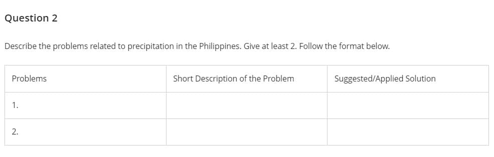Question 2
Describe the problems related to precipitation in the Philippines. Give at least 2. Follow the format below.
Problems
Short Description of the Problem
Suggested/Applied Solution
1.
2.
