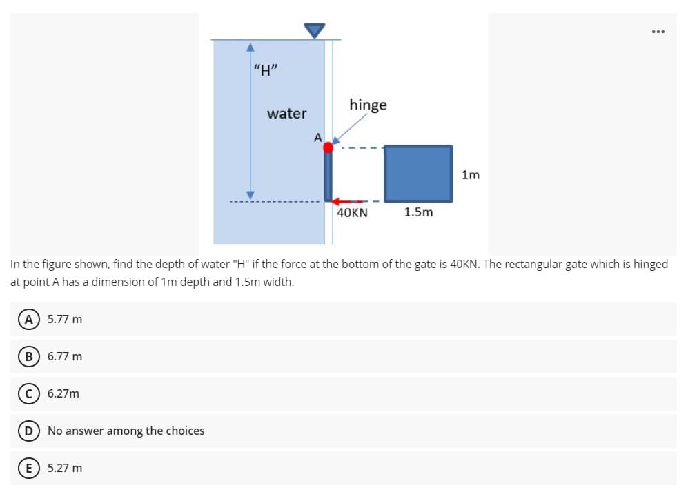 ...
"H"
hinge
water
A
1m
40KN
1.5m
In the figure shown, find the depth of water "H" if the force at the bottom of the gate is 40KN. The rectangular gate which is hinged
at point A has a dimension of 1m depth and 1.5m width.
(A) 5.77 m
B) 6.77 m
c) 6.27m
D) No answer among the choices
E) 5.27 m

