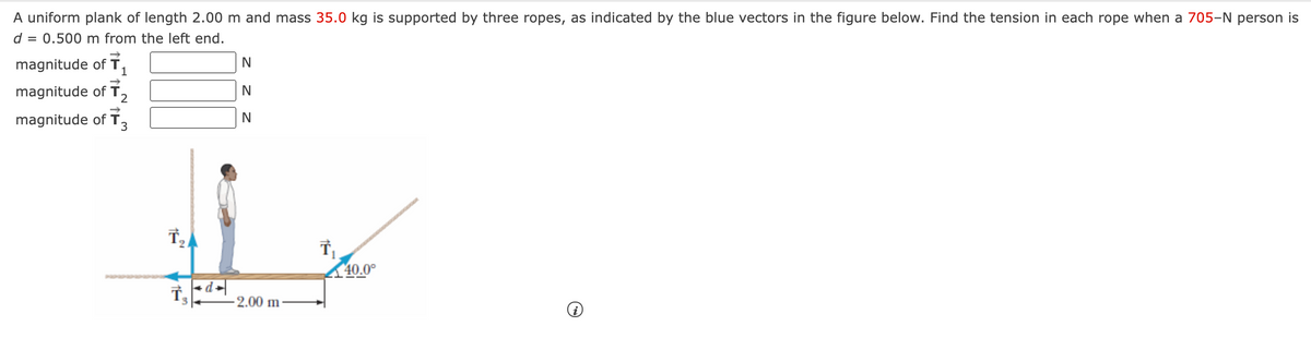 A uniform plank of length 2.00 m and mass 35.0 kg is supported by three ropes, as indicated by the blue vectors in the figure below. Find the tension in each rope when a 705-N person is
d = 0.500 m from the left end.
magnitude of T,
magnitude of T,
N
magnitude of T,
N
40.0°
-2.00 m-

