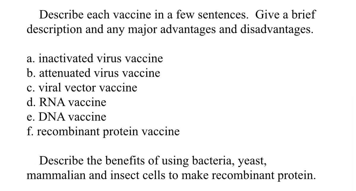 Describe each vaccine in a few sentences. Give a brief
description and any major advantages and disadvantages.
a. inactivated virus vaccine
b. attenuated virus vaccine
c. viral vector vaccine
d. RNA vaccine
e. DNA vaccine
f. recombinant protein vaccine
Describe the benefits of using bacteria, yeast,
mammalian and insect cells to make recombinant protein.
