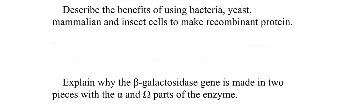 Describe the benefits of using bacteria, yeast,
mammalian and insect cells to make recombinant protein.
Explain why the B-galactosidase gene is made in two
pieces with the a and 2 parts of the enzyme.
