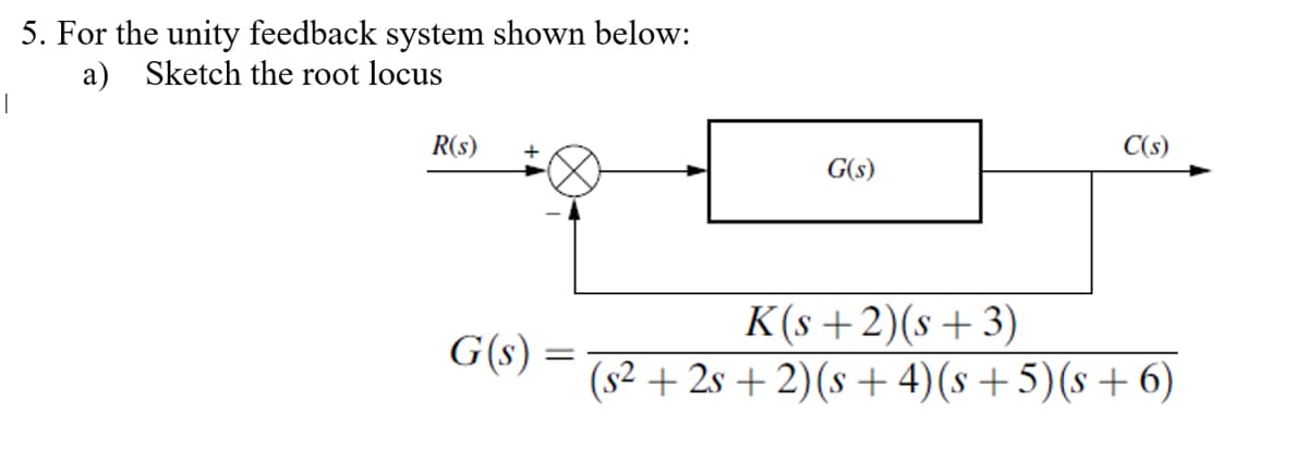 I
5. For the unity feedback system shown below:
a) Sketch the root locus
R(s)
+
G(s) =
=
G(s)
C(s)
K(s+2)(s+3)
(s²+2s+2) (s+4) (s+5)(s+6)