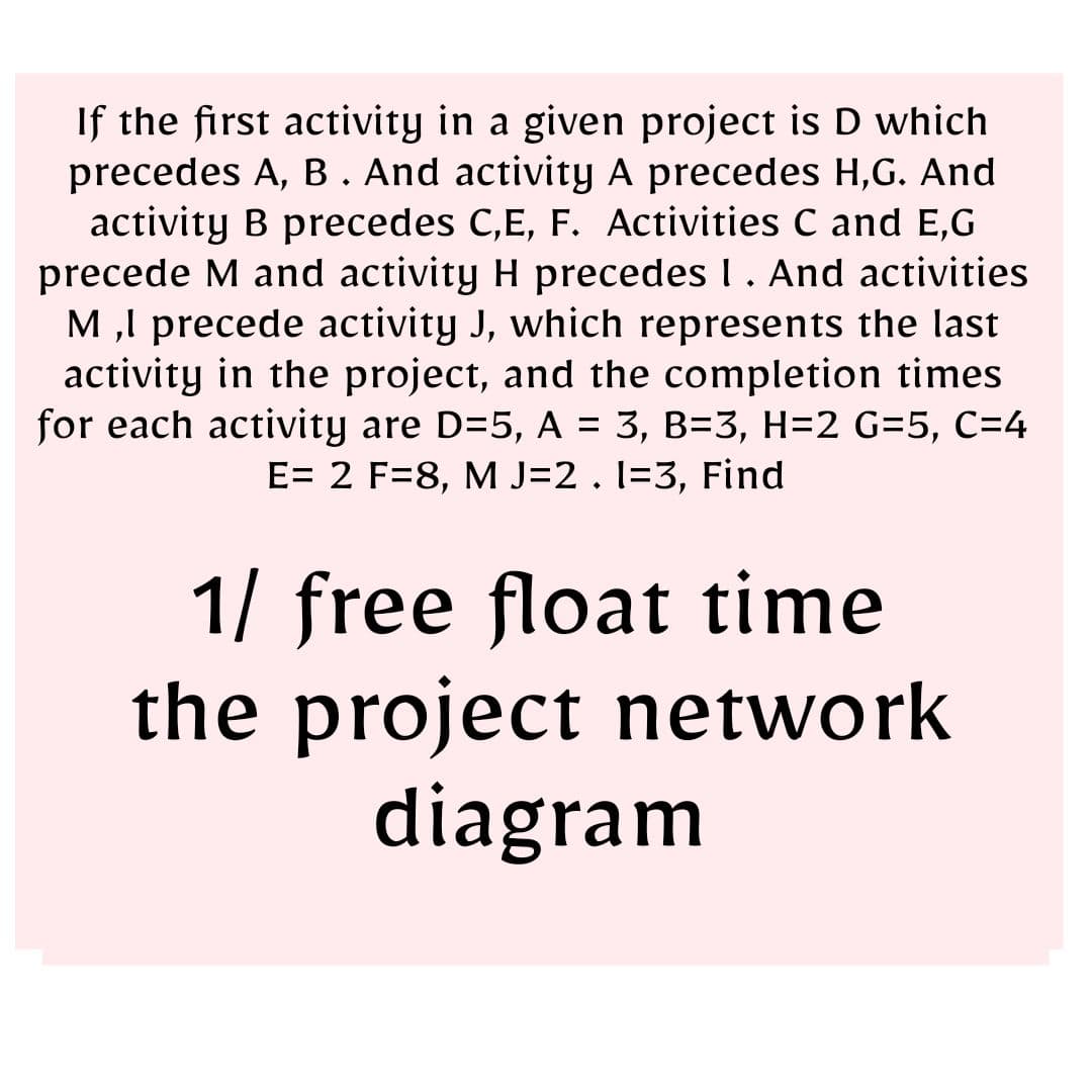 If the first activity in a given project is D which
precedes A, B. And activity A precedes H,G. And
activity B precedes C,E, F. Activities C and E,G
precede M and activity H precedes I. And activities
M,I precede activity J, which represents the last
activity in the project, and the completion times
for each activity are D=5, A = 3, B=3, H=2 G=5, C=4
E= 2 F=8, M J=2 . 1-3, Find
1/ free float time
the
project network
diagram