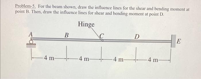Problem-5. For the beam shown, draw the influence lines for the shear and bending moment at
point B. Then, draw the influence lines for shear and bending moment at point D.
B
Hinge
D
E
-4 m-
-4 m-
-4 m-
-4 m-