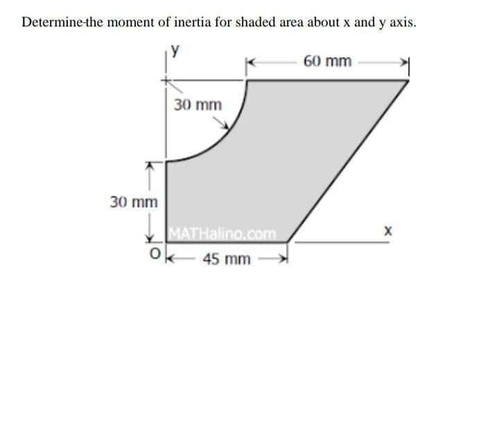 Determine the moment of inertia for shaded area about x and y axis.
у
60 mm
30 mm
MATHalino.com
45 mm
30 mm
X