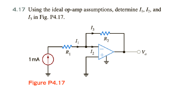 4.17 Using the ideal op-amp assumptions, determine I₁, I₂, and
I3 in Fig. P4.17.
1 mA
Figure P4.17
m
R₁
1₁
13
12
ww
R₂
Vo