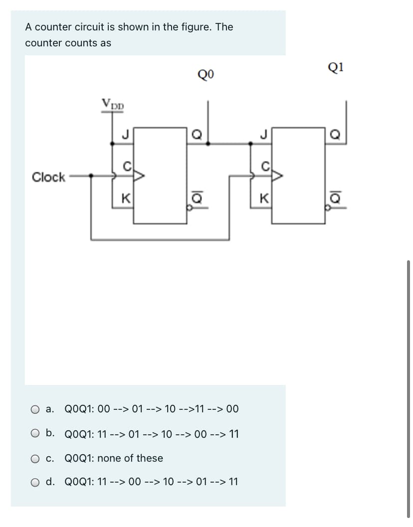 A counter circuit is shown in the figure. The
counter counts as
Q1
Vpp
C
Clock
K
K
О а.
QOQ1: 00 --> 01 --> 10 -->11 --> 00
O b. QOQ1: 11 --> 01 --> 10 --> 00 --> 11
О с.
QOQ1: none of these
O d. QOQ1: 11 --> 00 --> 10 --> 01 --> 11
