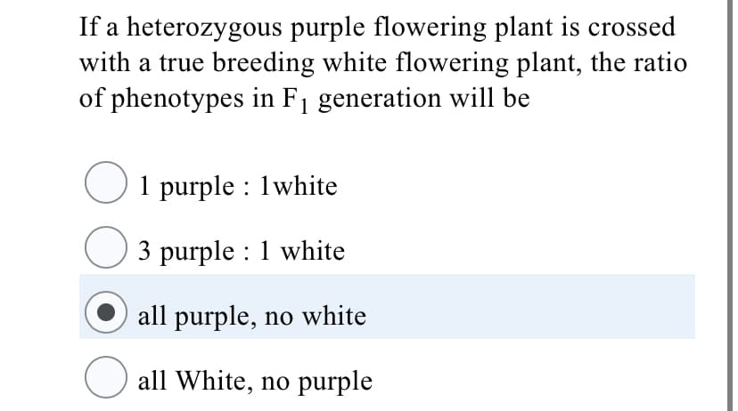 If a heterozygous purple flowering plant is crossed
with a true breeding white flowering plant, the ratio
of phenotypes in F1 generation will be
O1 purple : 1white
O 3 purple : 1 white
all purple, no white
O all White, no purple
