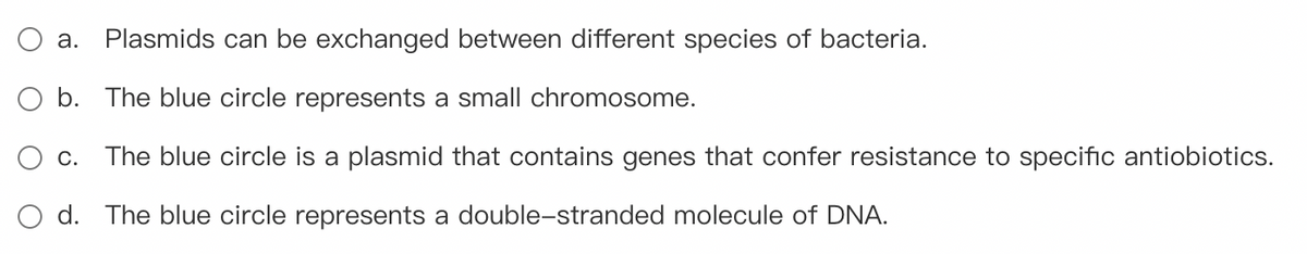 a. Plasmids can be exchanged between different species of bacteria.
b. The blue circle represents a small chromosome.
c. The blue circle is a plasmid that contains genes that confer resistance to specific antiobiotics.
d. The blue circle represents a double-stranded molecule of DNA.