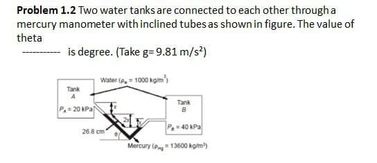 Problem 1.2 Two water tanks are connected to each other through a
mercury manometer with inclined tubes as shown in figure. The value of
theta
is degree. (Take g=9.81 m/s²)
Water (p.= 1000 kg/m³)
Tank
A
P=20 kPa
Tank
B
P = 40 kPa
Mercury (P = 13600 kg/m³)
26.8 cm