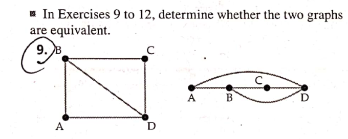 In Exercises 9 to 12, determine whether the two graphs
are equivalent.
9. B
C
C
A
D
D
A
B