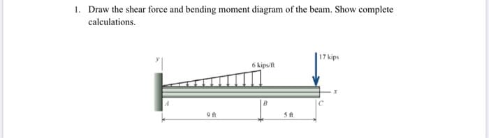1. Draw the shear force and bending moment diagram of the beam. Show complete
calculations.
9ft
17 kips
6 kips/ft