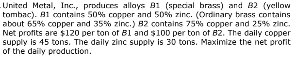 United Metal, Inc., produces alloys B1 (special brass) and B2 (yellow
tombac). B1 contains 50% copper and 50% zinc. (Ordinary brass contains
about 65% copper and 35% zinc.) B2 contains 75% copper and 25% zinc.
Net profits are $120 per ton of B1 and $100 per ton of B2. The daily copper
supply is 45 tons. The daily zinc supply is 30 tons. Maximize the net profit
of the daily production.
