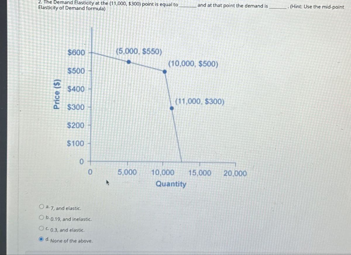 2. The Demand Elasticity at the (11,000, $300) point is equal to
Elasticity of Demand formula)
and at that point the demand is
. (Hint: Use the mid-point
Price ($)
$600
(5,000, $550)
(10,000, $500)
$500
$400
(11,000, $300)
$300
$200
$100
0
0
5,000
10,000
15,000 20,000
Quantity
O a. 7, and elastic.
Ob.0.19, and inelastic.
OC 0.3, and elastic.
d. None of the above.