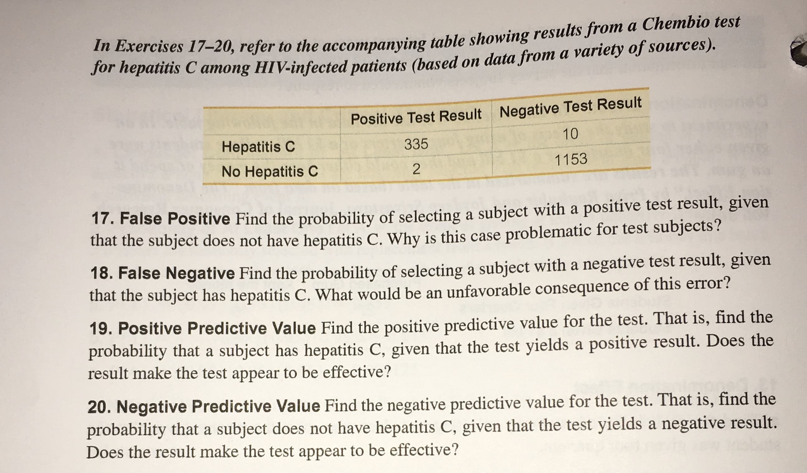 In Exercises 17-20, refer to the accompanying table showing results from a Chembio test
for hepatitis C among HIV-infected patients (based on data from a variety of sources).
Negative Test Result
Positive Test Result
10
Hepatitis C
335
1153
No Hepatitis C
2
17. False Positive Find the probability of selecting a subject with a positive test result, given
that the subject does not have hepatitis C. Why is this case problematic for test subjects?
18. False Negative Find the probability of selecting a subject with a negative test result, given
that the subject has hepatitis C. What would be an unfavorable consequence of this error?
19. Positive Predictive Value Find the positive predictive value for the test. That is, find the
probability that a subject has hepatitis C, given that the test yields a positive result. Does the
result make the test appear to be effective?
20. Negative Predictive Value Find the negative predictive value for the test. That is, find the
probability that a subject does not have hepatitis C, given that the test yields a negative result.
Does the result make the test appear to be effective?
