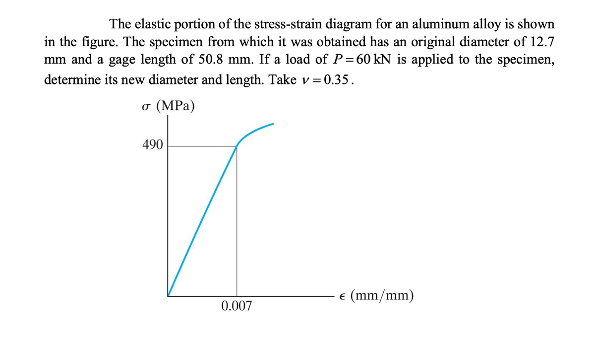 The elastic portion of the stress-strain diagram for an aluminum alloy is shown
in the figure. The specimen from which it was obtained has an original diameter of 12.7
mm and a gage length of 50.8 mm. If a load of P=60 kN is applied to the specimen,
determine its new diameter and length. Take v = 0.35.
o (MPa)
490
e (mm/mm)
0.007
